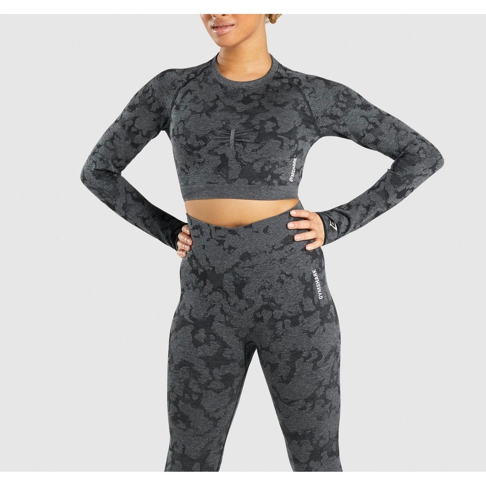 Gymshark Adapt Camo Seamless Long Sleeve‎ Crop Top Black Size L